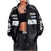 SOLY HUX Women's Faux Leather Motorcycle Jacket Y2k Racing Graphic Bomber Jackets Coat Streetwear