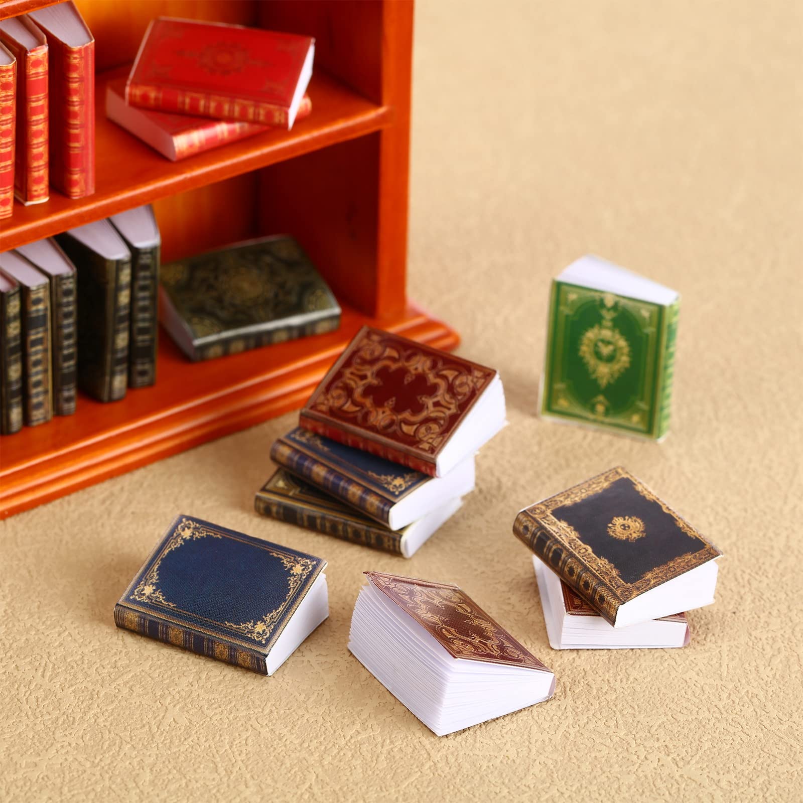 Miniatures Book and Bookshelf Set Includes 27 Pcs 1:12 Scale Miniatures Dollhouse Books 1 Pcs Wooden Bookcase 4 Floors Furniture Display Bookshelf Cabinet Dollhouse Decoration for Mini House Library