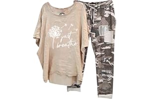 GENERIC Short Sets Women 2 Piece Outfits Cotton Linen Short Sleeve Shirt And Camouflage Pant Comfy Dandelion Print Lounge Set Women