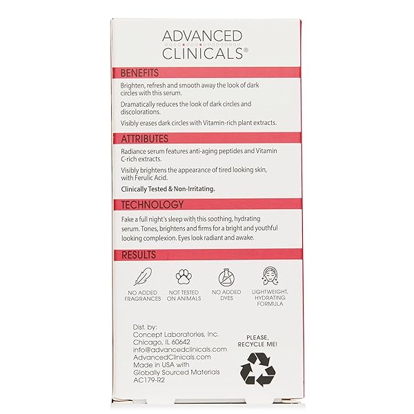 ADVANCED CLINICALS DARK CIRCLE UNDER EYE SERUM ANTI AGING BRIGHTENING FACIAL TREATMENT TARGETS LOOK OF PUFFY EYES, CROWS FEET, & SAGGING SKIN W/VITAMIN C, HYALURONIC ACID, & FERULIC ACID, 1.75 FL OZ