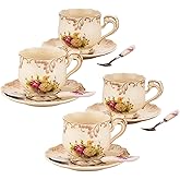 CHILDIKE Tea Cups and Saucers Set of 4, 8 Oz Ivory Floral Porcelain Teacup and Saucer Set with Gold Trim, Vintage Tea Cups with Spoon, European Style (Colorful Floral)