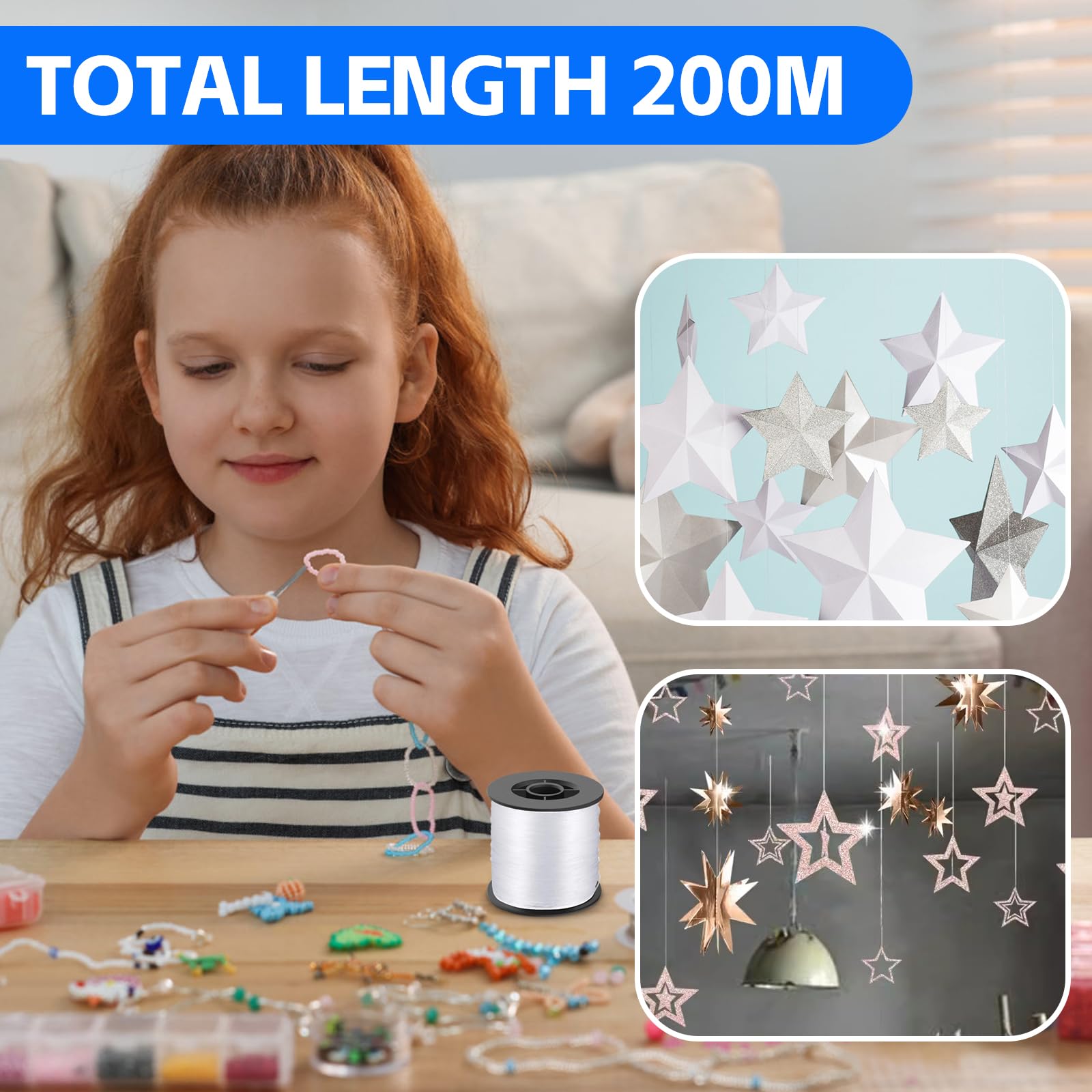 Strong Clear Invisible Hanging Wire - 0.8MM String Thick Nylon Wire Fishing Line 656FT Clear String Wire with 100Pcs Aluminum Crimping Sleeves for Picture Frame, String Light, Flowerpot, Craft