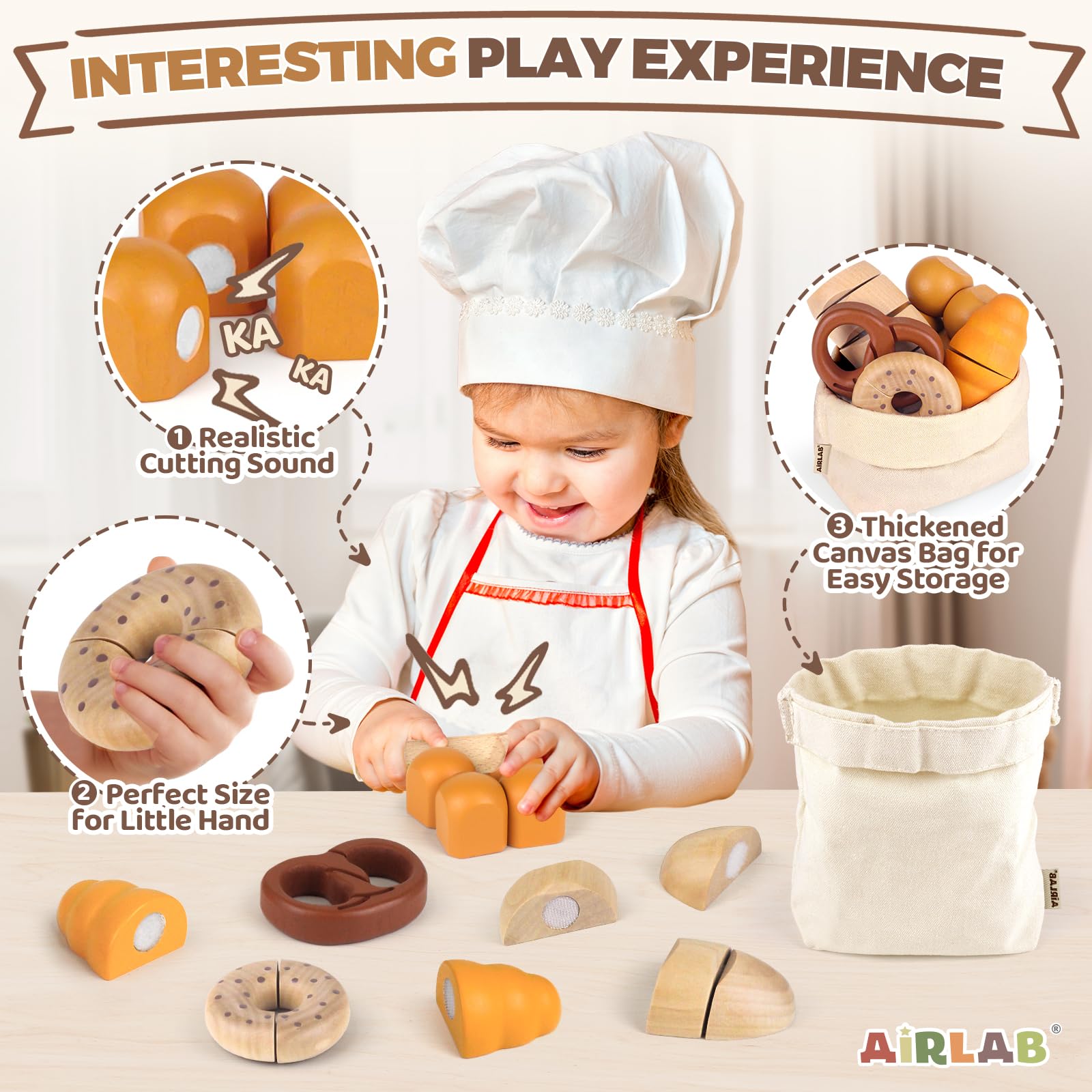 Airlab Kinderküche Spielküche Zubehör aus Holz, Küchenspielzeug Schneiden Brot Kinder, Bäckerei Spielzeug Lebensmittel Holz mit Klett-Verbindung, Holzspielzeug Küche Pädagogisches Rollenspiel Geschenk 5