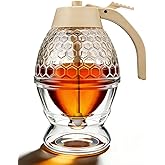 Honey Dispenser, No Drip Glass Maple Syrup Dispenser with Stand, Reusable Honey Jars, Easy Pour Honey Pot & Maple Syrup Conta