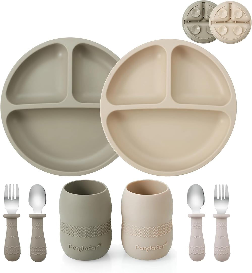 PandaEar Silicone Baby Feeding Set 2 Plates Cups Silverware 2 Pack