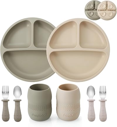 PandaEar Silicone Baby Feeding Set 2 Plates Cups Silverware 2 Pack