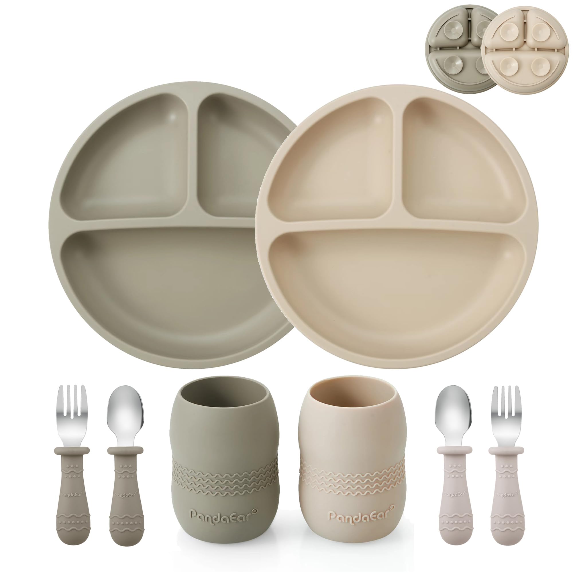 PandaEar Silicone Baby Feeding Set| Baby Weaning Set| 2 Pack Divided Suction Plate and 2 Pack Tiny Cup with 2 Spoons 2 Forks| Baby Dinner Eating Sets (Silverware)