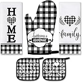5 Pieces Buffalo Plaid Kitchen Towels Oven Mitts and Pot Holder Set Black and White Kitchen Towels Oven Gloves, Hot Pads Pot Holders for Farm House Accessories Decor(Heart)