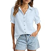 LOMON Women's Cotton Linen Button Down Shirts V Neck Short Puff Sleeve Cute Top Collared Summer Work Blouses Dressy Casual