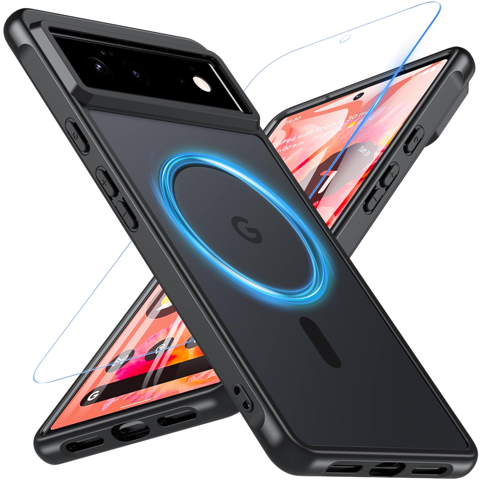Cum2giff Upgraded Magnetic Shockproof Case for Google Pixel 6 with Screen Protector, [Compatible with MagSafe],12FT Military Grade Drop Protection Slim Translucent Matte Anti-Dirty Phone Cover,Black