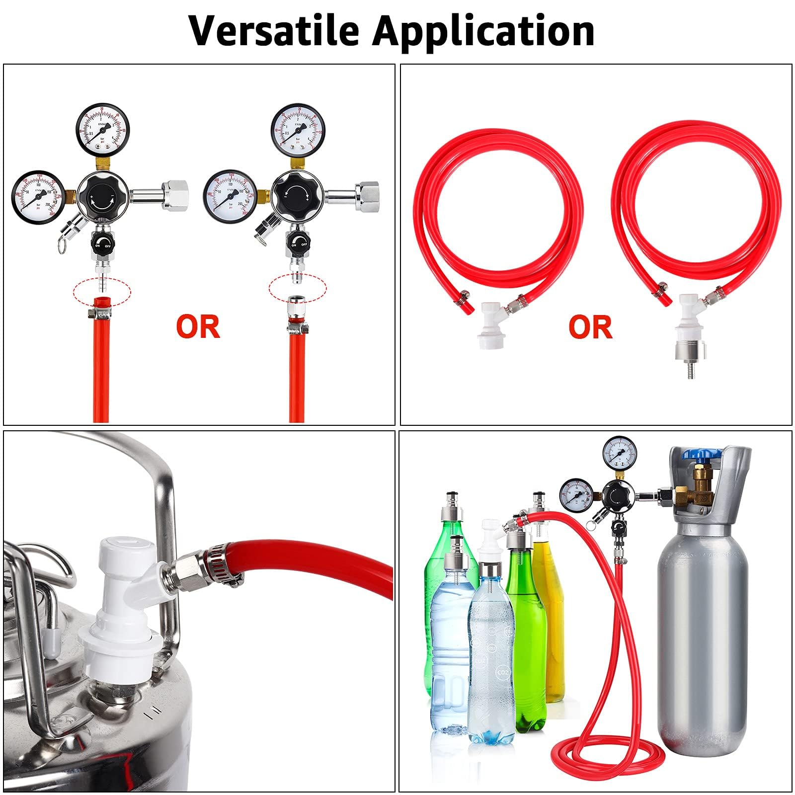 5.5ft 5/16 Co2 Gas Line Tubing for Kegerator Assembly with stainless steel carbonator cap carbonation cap for soda bottle, Ball Gas Lock Draft beer Red Hose kit for Homebrew