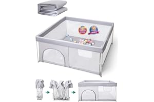 BABELIO Foldable Baby Playpen with Mat, 46" × 46" Portable Playard for Babies and Toddlers, Parents' Picks Awards Winner, Indoor & Outdoor Kids Safety Play Pen Area, Travel Fence, Grey
