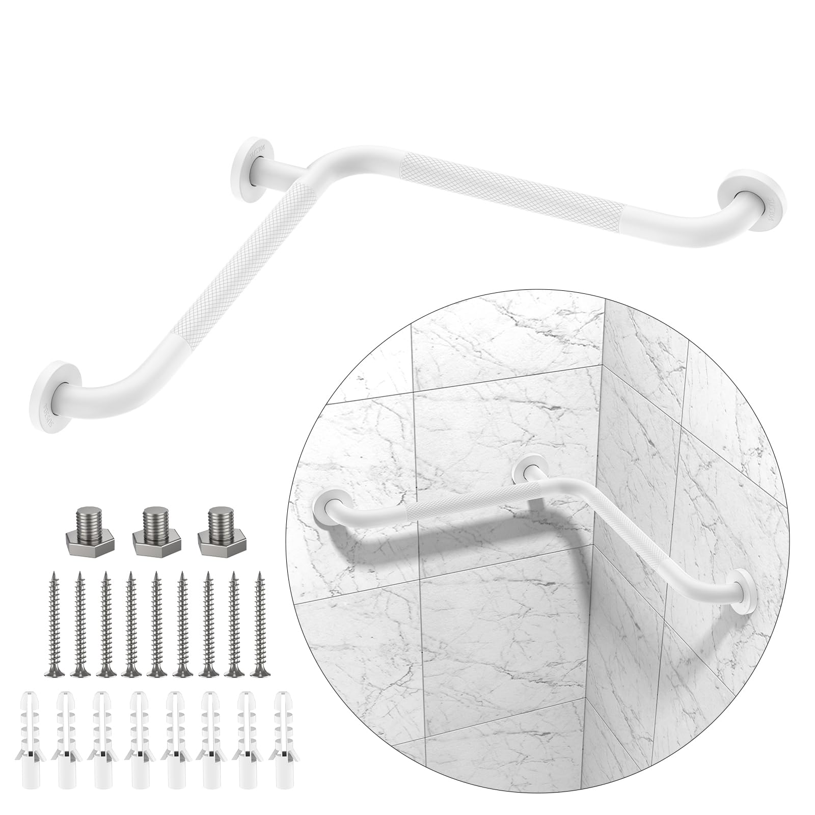 Photo 1 of 16x16 Inch Angled Shower Grab Bar, Munzong Anti Slip White Bathroom Grab Bar, L-Shaped Knurled Balance Bar, Inside Corner Grab Bar,Safety Hand Rail Support Handicap Elderly Senior Assist Bath Handle