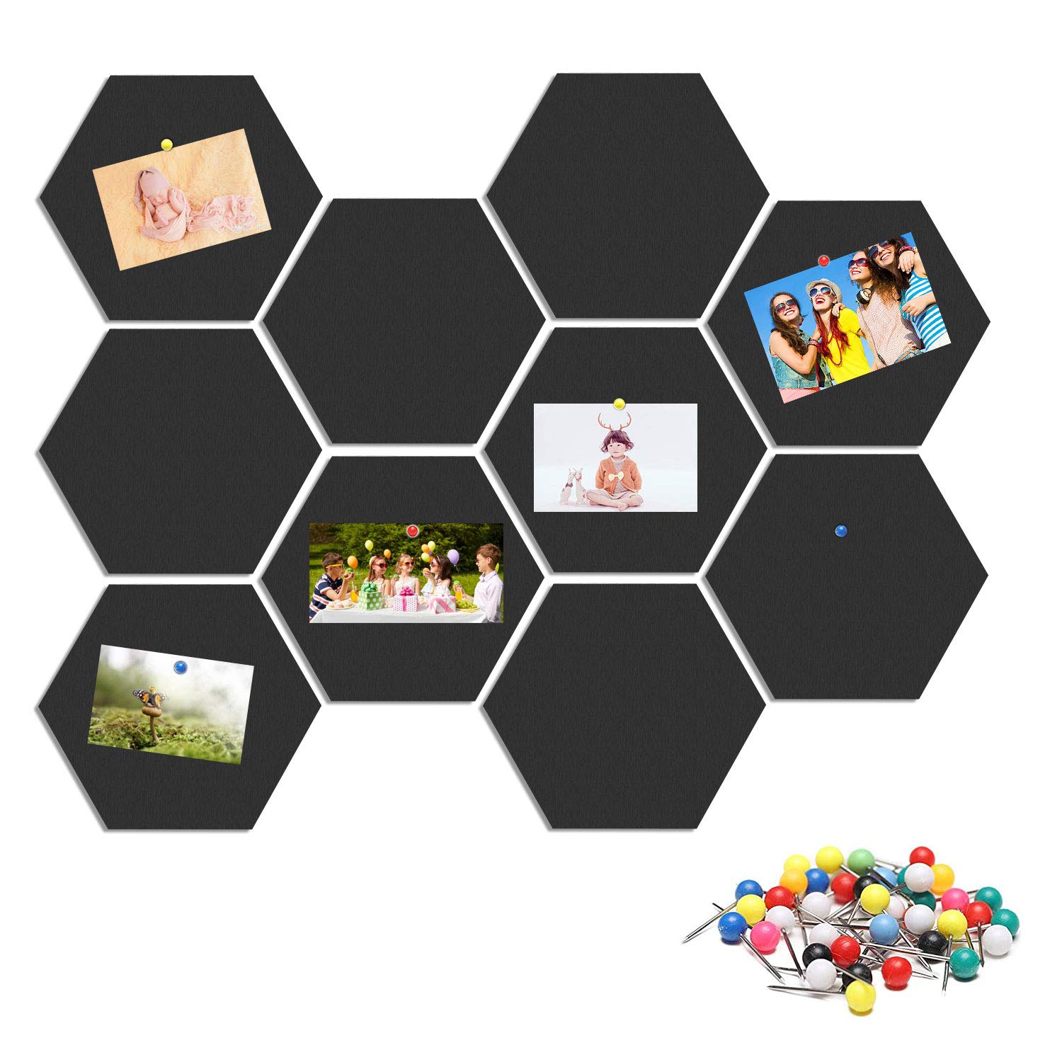 Felt Pin Board Wall Bulletin Board with Push Pins, Pack of 10 Felt Hexagon Bulletin Board, Self Adhesive Notice Boards for Office Bedrooms, DIY Pin Board Wall Tiles for Photos Memos