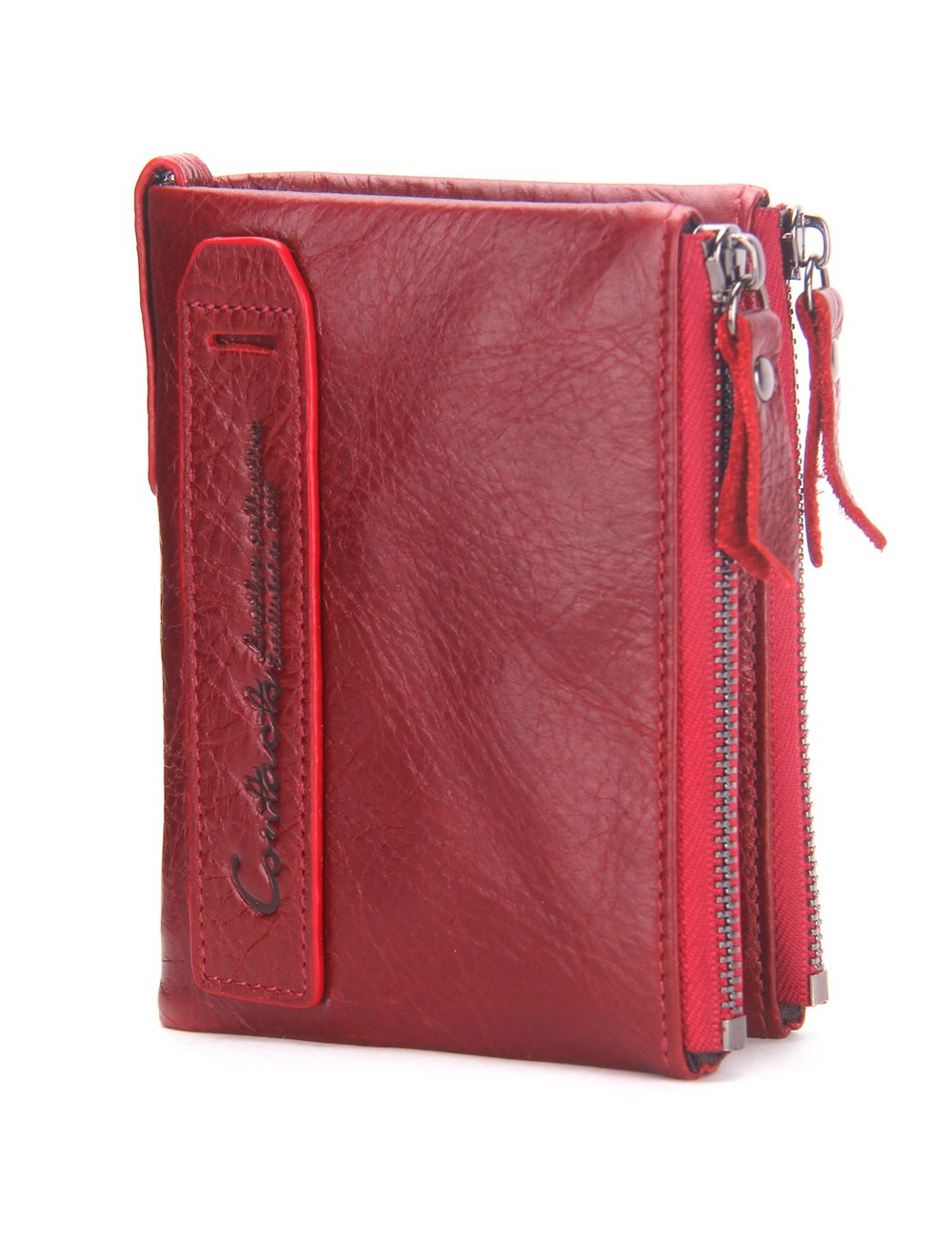 Contacts Mens RFID Short Wallet Genuine Leather Women Bifold Card Coin Purse Double Zipper Pocket (Red)