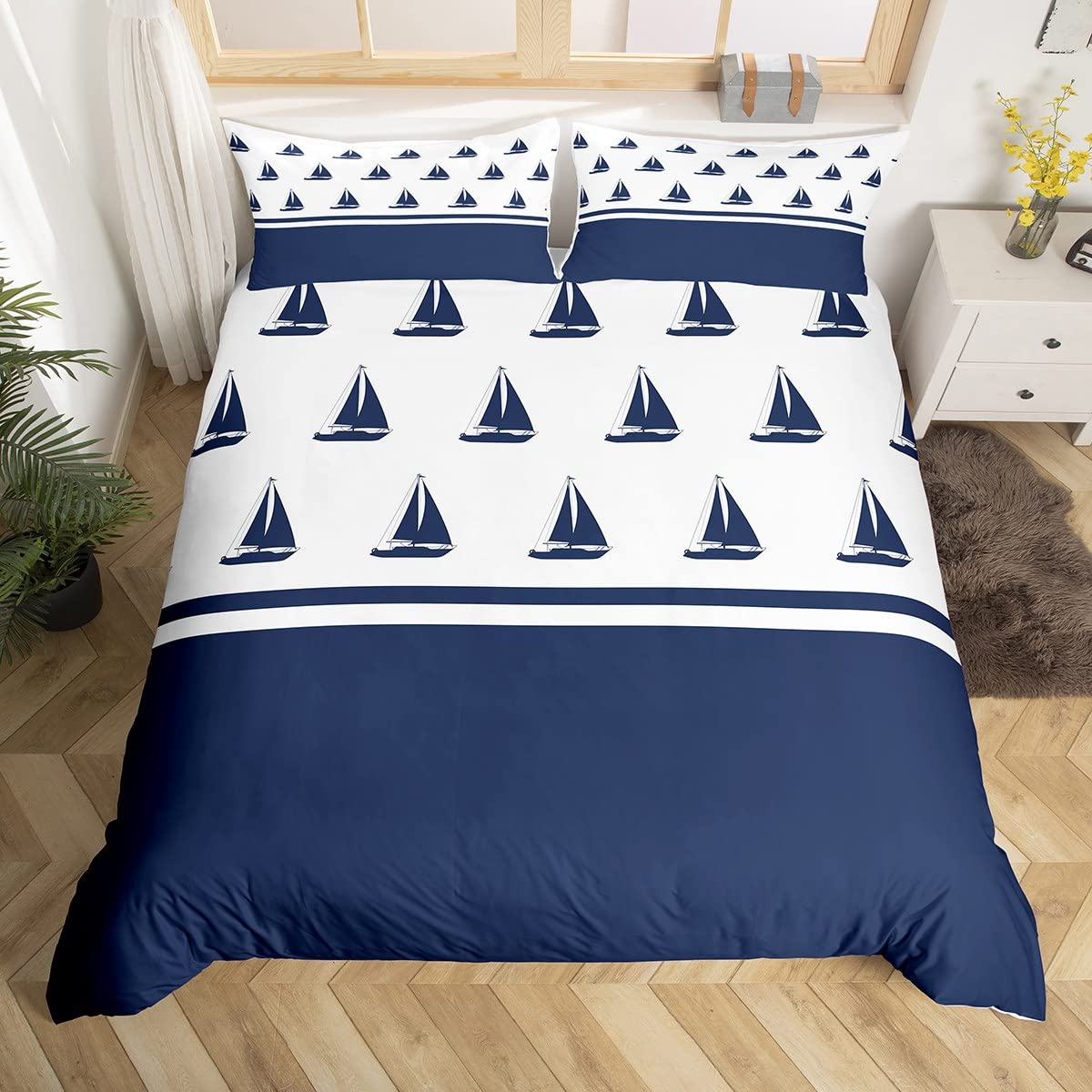 Homewish Nautical Sailboat Duvet Cover Coastal Sailing Boat Yacht Comforter Cover Sea Adventure Bedding Set for Kids Teens Boys,Blue and White Decor Bed Sets Navy Ocean Theme Quilt Cover,King — image 1