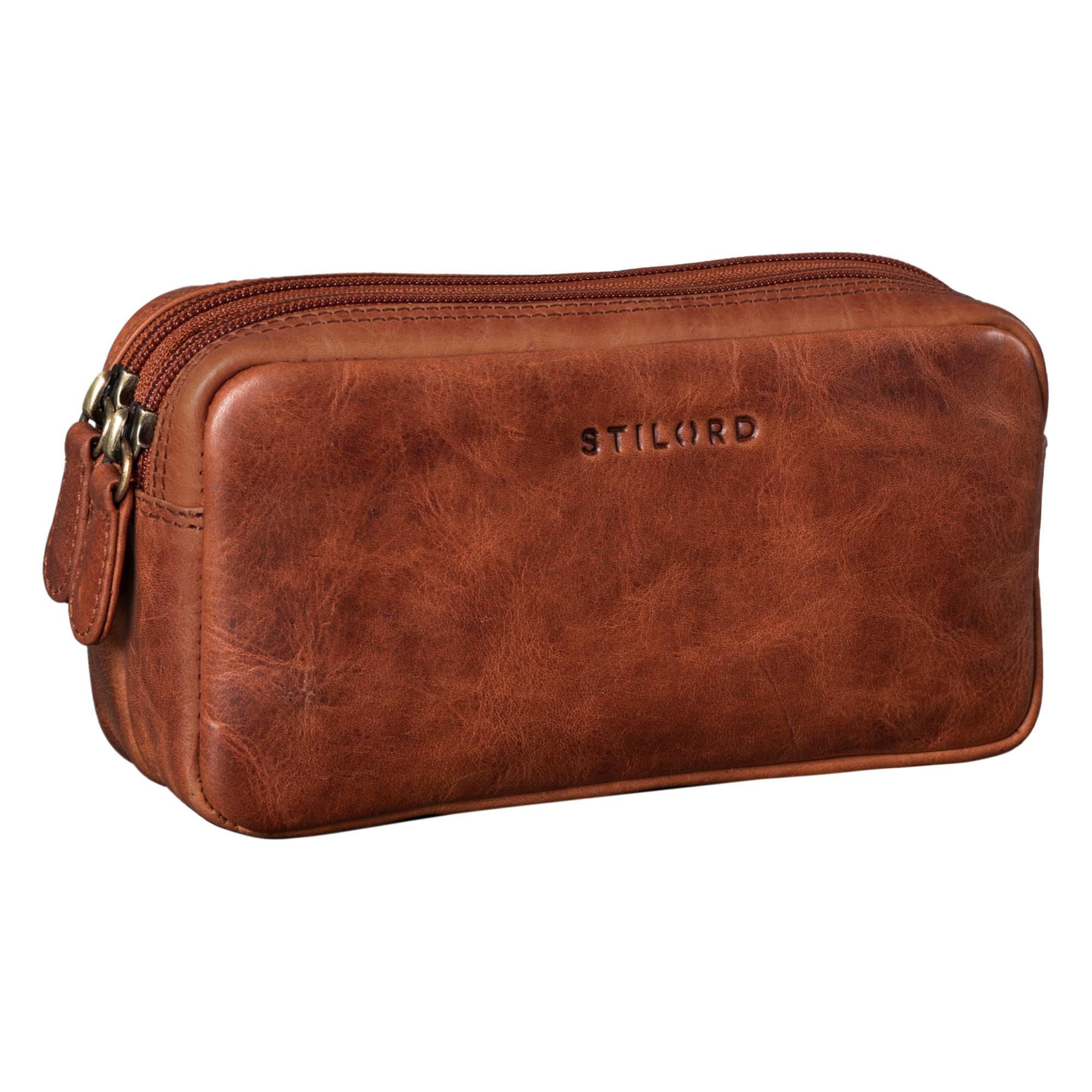 STILORD "Eddie" Pencil Pouch Case Leather Pen Cases with 2 Zipped Compartments Vintage Pencil Bag Cosmetic Bag Organizer Genuine Leather Colour:Kara - Cognac