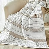 Brandream Cotton Quilted Throw Blanket – Lightweight Striped Design for All-Season Use Cozy Beige and White Throw for Sofa, Chair, or Bed