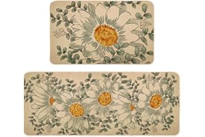 DECORHUA Spring Kitchen Rug Set of 2, Non-Slip Absorbent Door Mats Seasonal Daisy Decorative Kitchen Floor Mat 17x29 and 17x47 Inch DM143