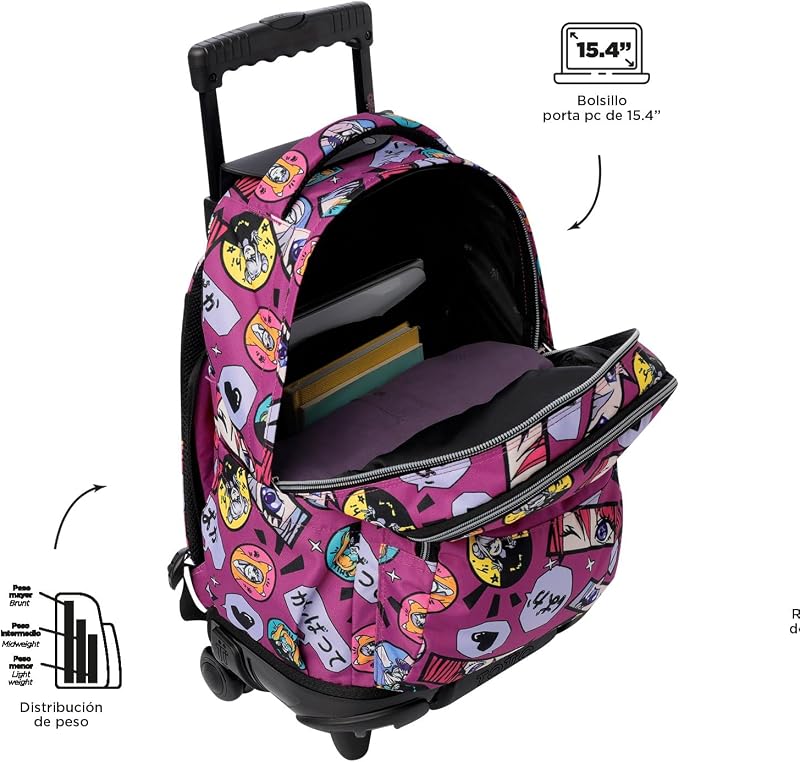- Mochila Escolar con Ruedas, Modelo Renglones, Capacidad 26,21 Litros, Bolsillo para PC 14", Bolsillo Botella, Correas en S para Mayor Comodidad, Resistente, Estampado Kitsune