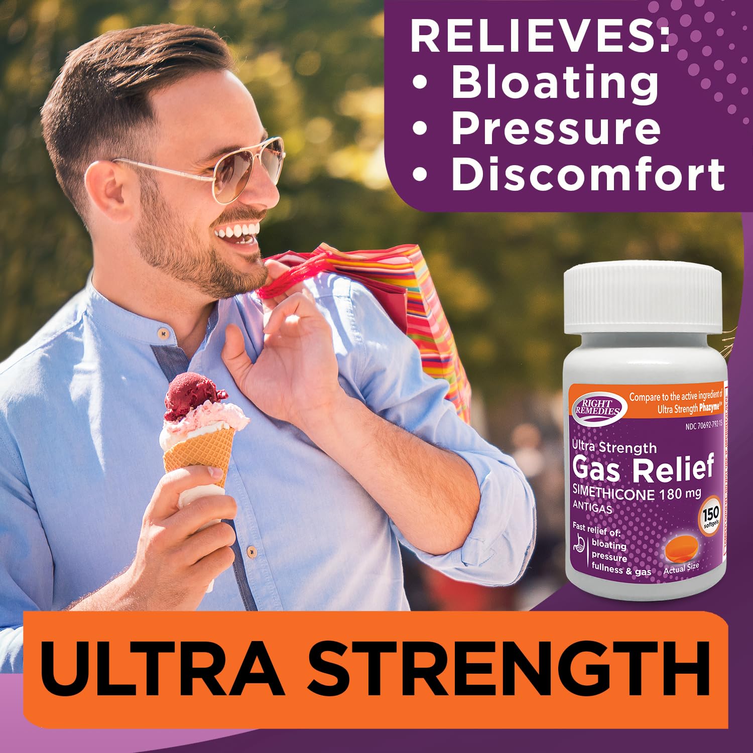 RIGHT REMEDIES Gas Relief Ultra Strength, 180mg Simethicone (150 Softgels) Fast Relief from Gas, Bloating, Fullness, Painful Discomfort, Compare to Ultra Strength Phazyme Active Ingredient