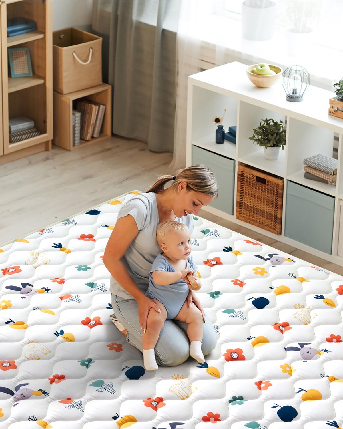 Odorless Premium Foam Baby Play Mat, Soft Microfiber Fabric Crawling Mat for Floor- Comfortable and Hypoallergenic, Non-Slip Cushioned Floor Playpen mat for Infants,Babies,Toddlers