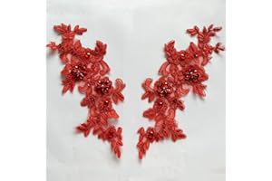 Zbroh Fine Lace Fabric Patches Embroidered Rhinestones Trim Applique Decor Dress Decoration sew on Sequins Beads Accessory one Pair (red 2)
