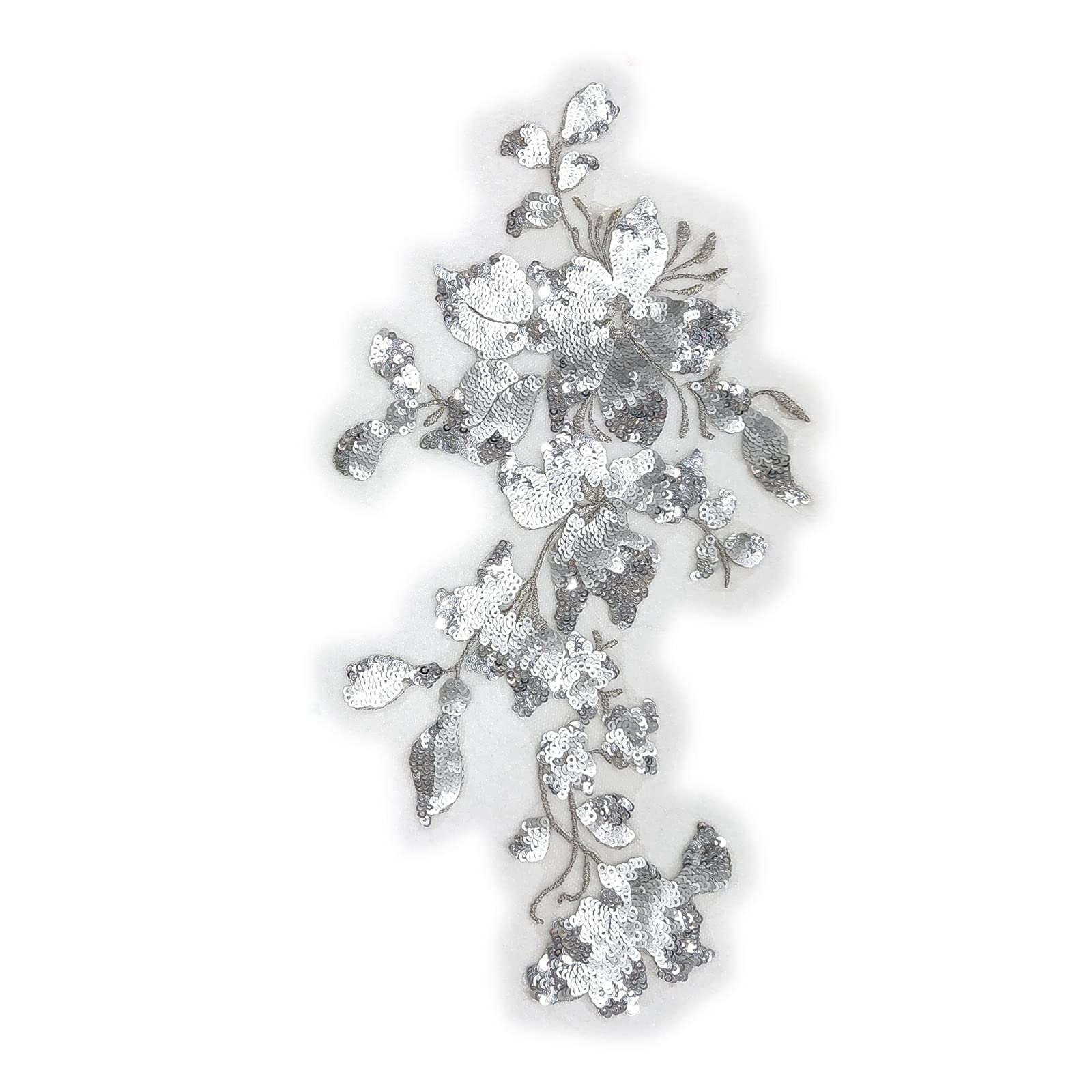 SUNMOVE Embroidery Sequin Lace Applique Sewing Flower Fabric Collar Patch for Wedding Gown Dress Bridal DIY Crafts(Silver)