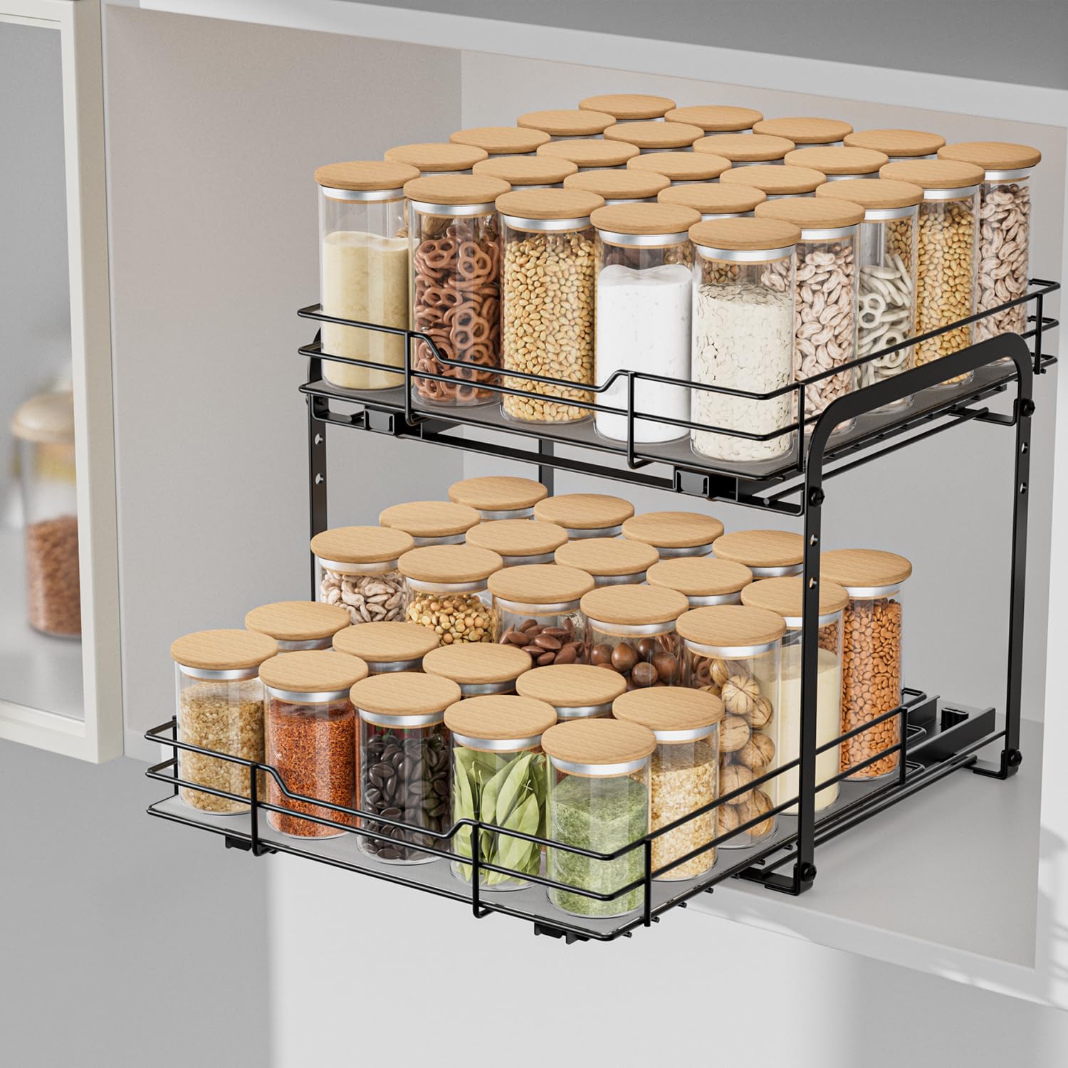 AIRUJIA Pull Out Cabinet Organizer - Height Adjustable 2-Tier Spice Rack, Heavy Duty Metal, Kitchen Storage Shelf for Inside Cupboard, L10.6*W11.2*H9.3inch