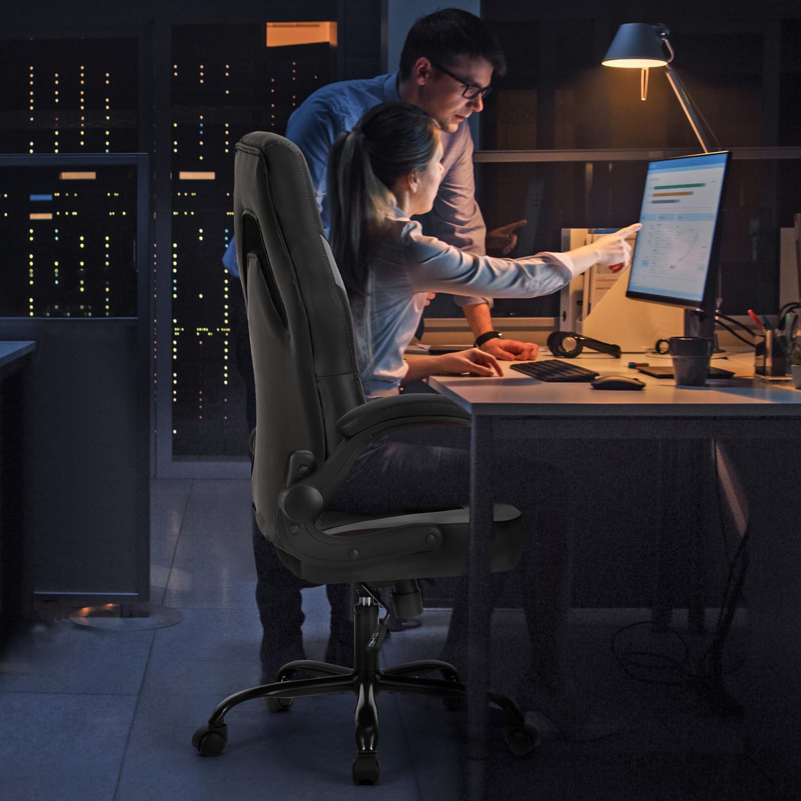 Sweetcrispy Computer Gaming Desk Chair - Ergonomic PU Leather with Comfy Lumbar Support, Height Adjustable Rolling Desk with Flip-up Armrests, for Home and Office - Image 8