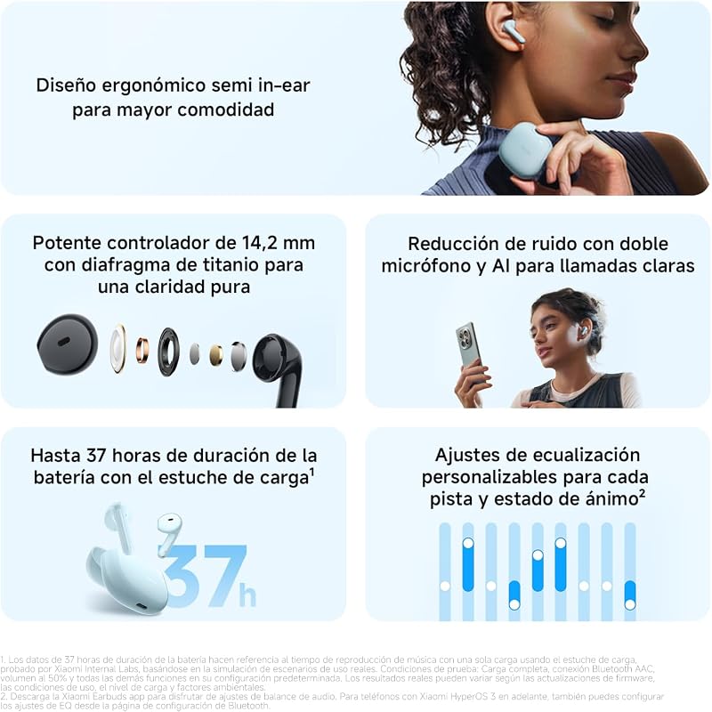 REDMI Buds 8 Ativos, auscultadores semi-intra-auriculares, 37 h, brancos