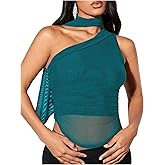 GORGLITTER Women's Halter Going Out Tank Top with Scarf One Shoulder Ruched Asymmetrical Crop Tops