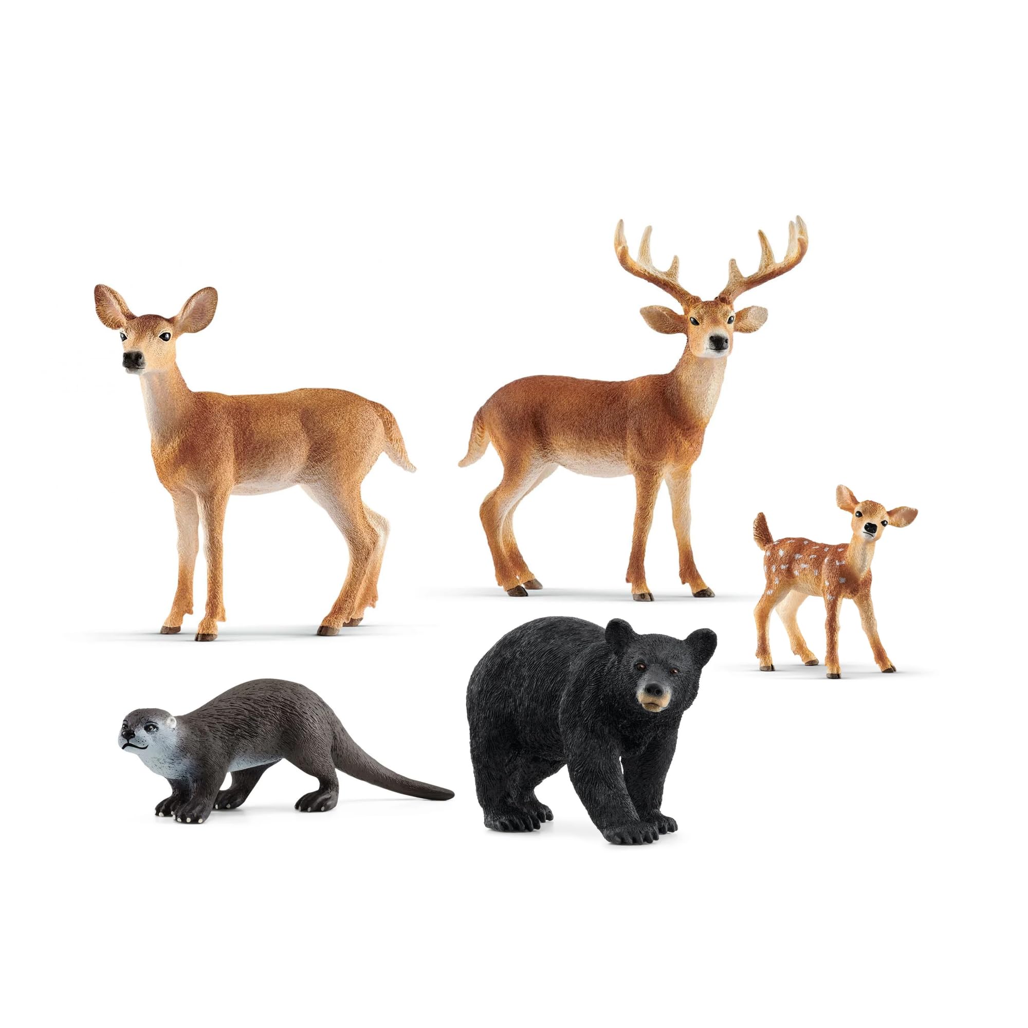 Schleich Wild Life - 5 PC North American Wildlife Animal Toy Figurine Bundle - Includes Realistic Buck, Doe, Fawn, Otter and Black Bear Toys for Boys and Girls - Forest Figures for Kids Ages 3+ Image