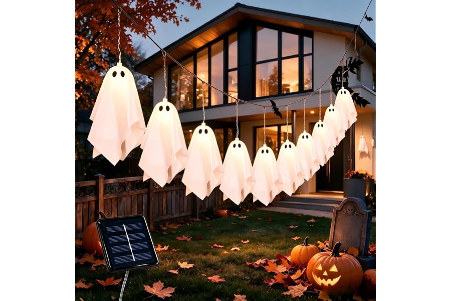 Solar Halloween Decorations Outdoor, Ghost Halloween Decor Lights | 10 Ghost Solar Powered Halloween Lights, Auto On/Off, Waterproof 8 Modes for Outside Yard Porch Garden Tree Home Party