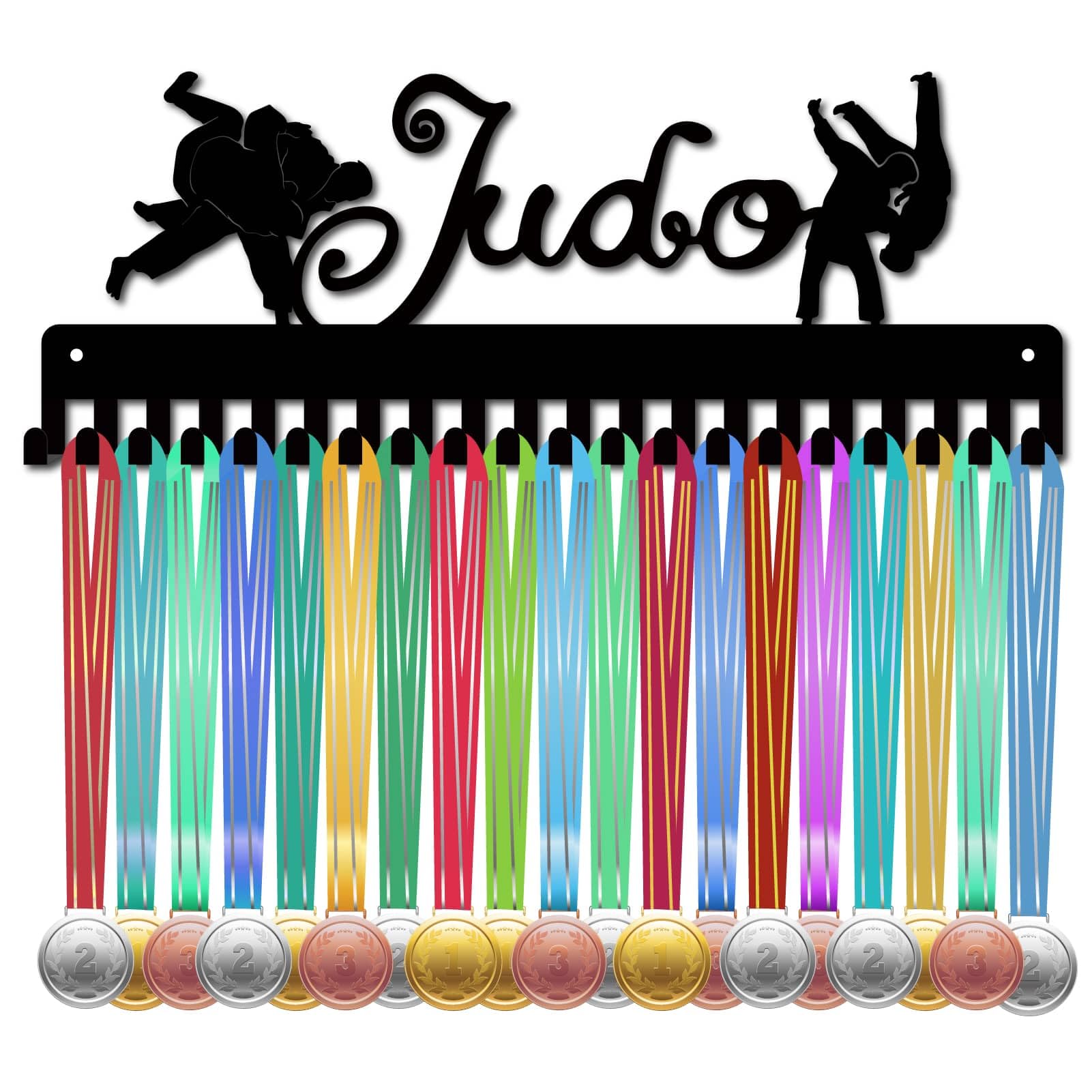 CREATCABIN Medal Hanger Display Medals Holders Judo Theme Awards Ribbons Hanger Rack Wall Mounted with Hooks Black for Hanging 20+ Medals Athletes Players Medalists Race Competition 15.7 x 5.9Inch