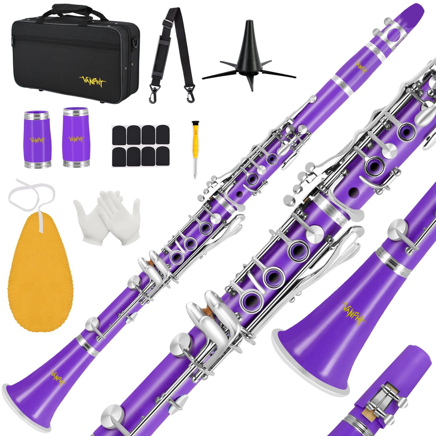 Photo 1 of Bb Clarinet For Beginners Students B Flat Clarinet 17 Keys Clarinet with Case Stand Strap 2 Barrels 8 Mouthpiece Cushion White Gloves(Purple)