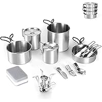 Odoland 13pcs 304 Stainless Steel Camping Cookware Mess Kit with Folding Camping Stove, Cooking Set with Cups, Forks, Knives,