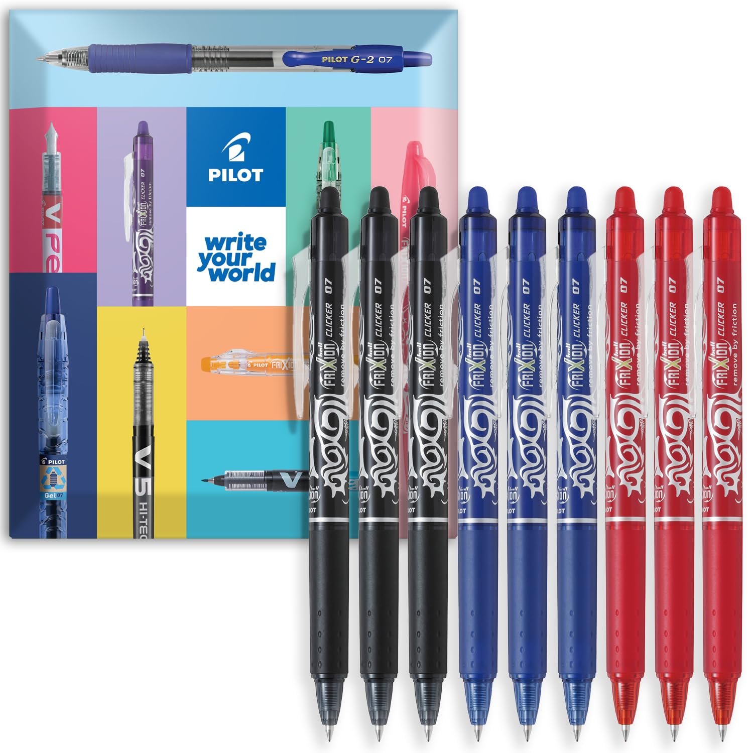 PILOT FriXion Clicker Fine Erasable Friction Rollerball Pen - Retractable Tip 0.7mm Nib 0.35mm Line Width - Pack of 9 Pens in Envelope Gift Packaging - Black, Blue, Red