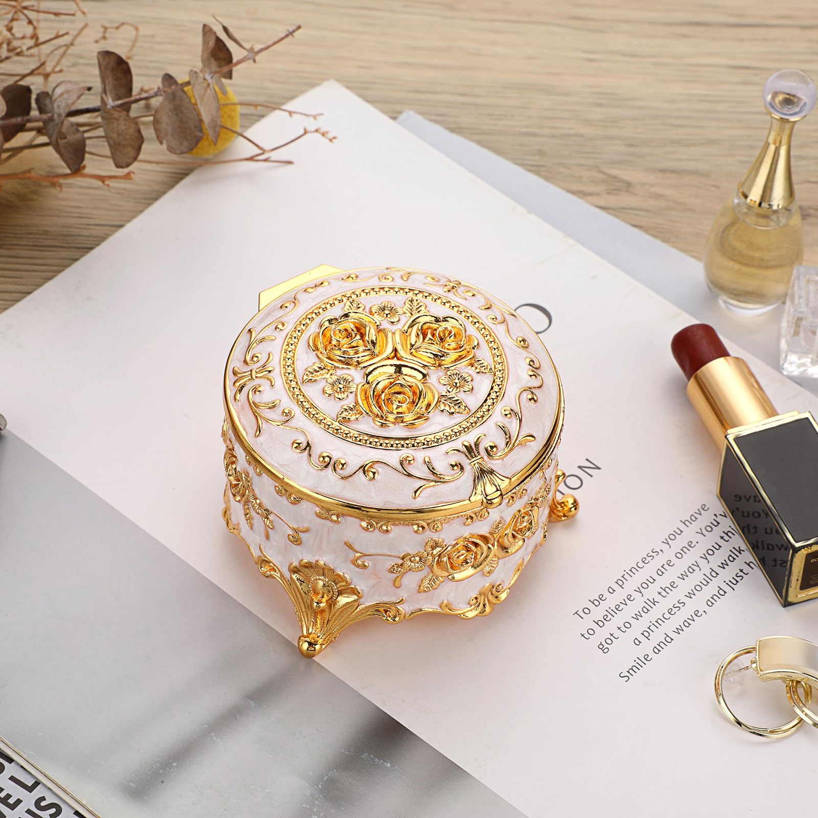 Hipiwe Vintage Round Jewelry Box Small Trinket Storage Organizer Box Gold Metal Chest Ring Case Treasure Box Keepsake Box Earrings Necklace Storage Box Gift for Women, Small