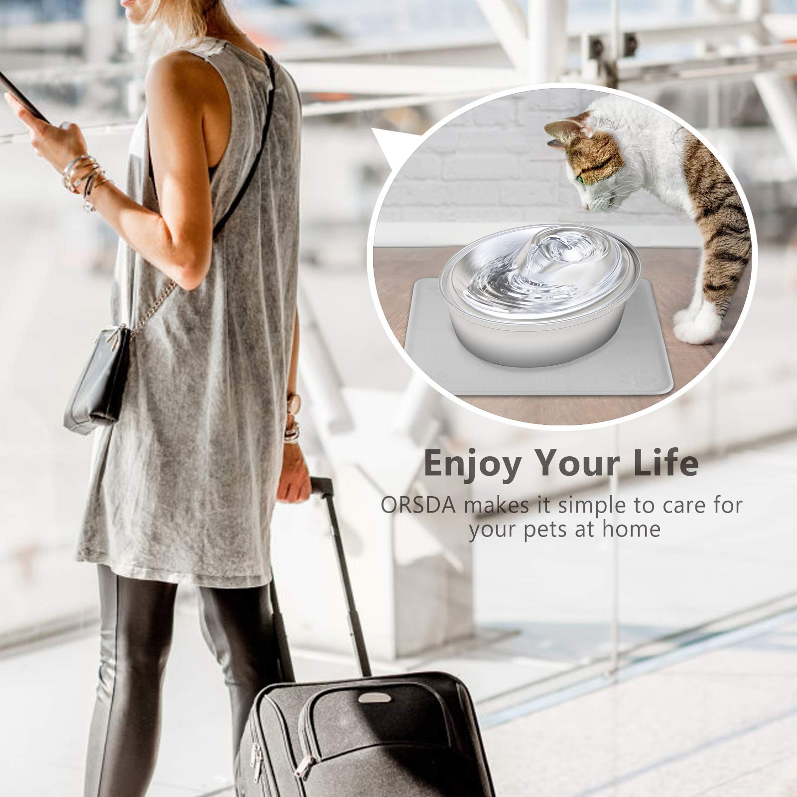 ORSDA Cat Water Fountain Stainless Steel, Pet Fountain Dog Water Dispenser, 67oz / 2L Ultra