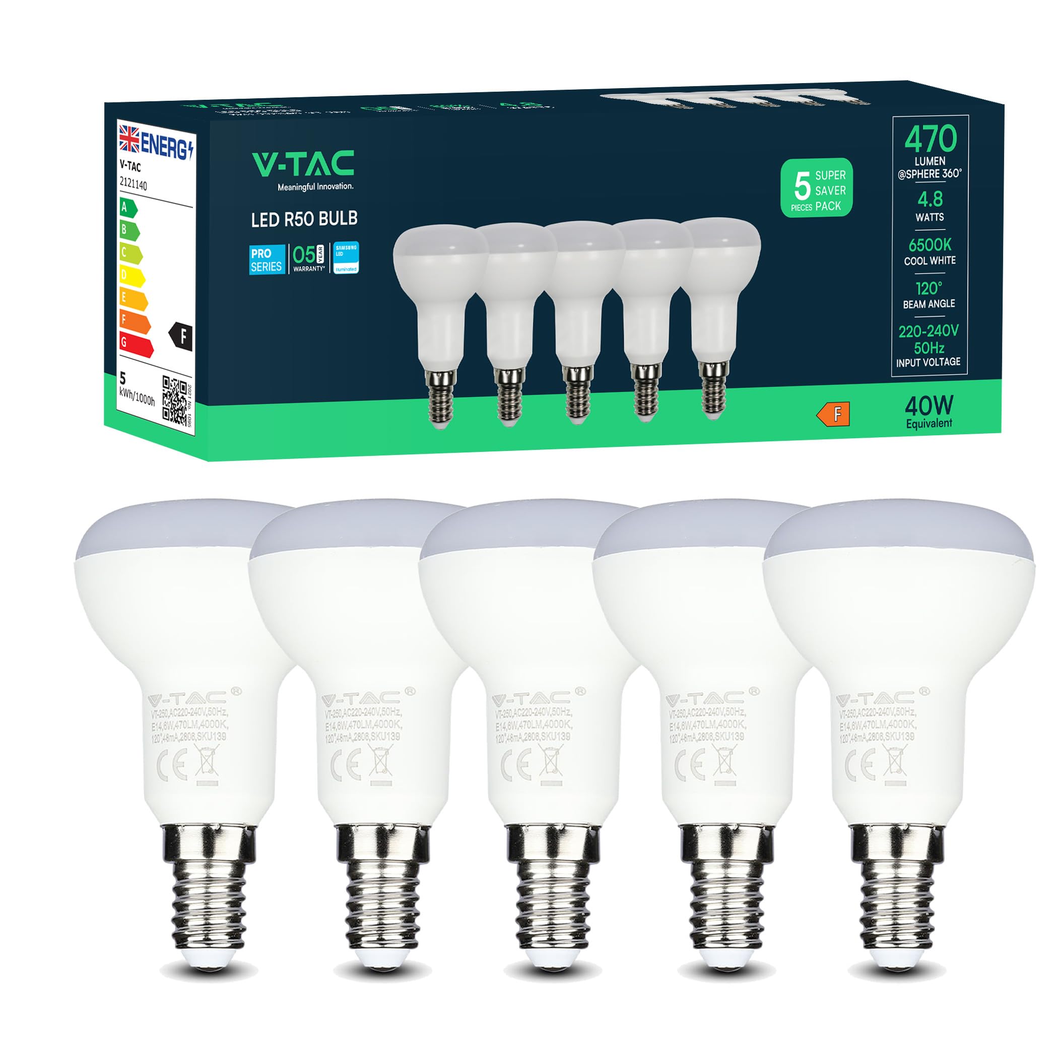 VTAC E14 LED Light Bulb, R50 Reflector Bulb Small Screw, 4.8W 470lm, 40W Equivalent, Cool White 6500K, SES LED Spotlight Bulbs Screw Fitting, 120° Wide Angle, Non-dimmable, Pack of 5 [Energy Class F]