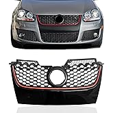PartsFlow Main Front Upper Grill Gloss Black W/Red Trim Hex Mesh Grille Compatible With VW Volkswagen GTI Jetta 2006 2007 2008 2009