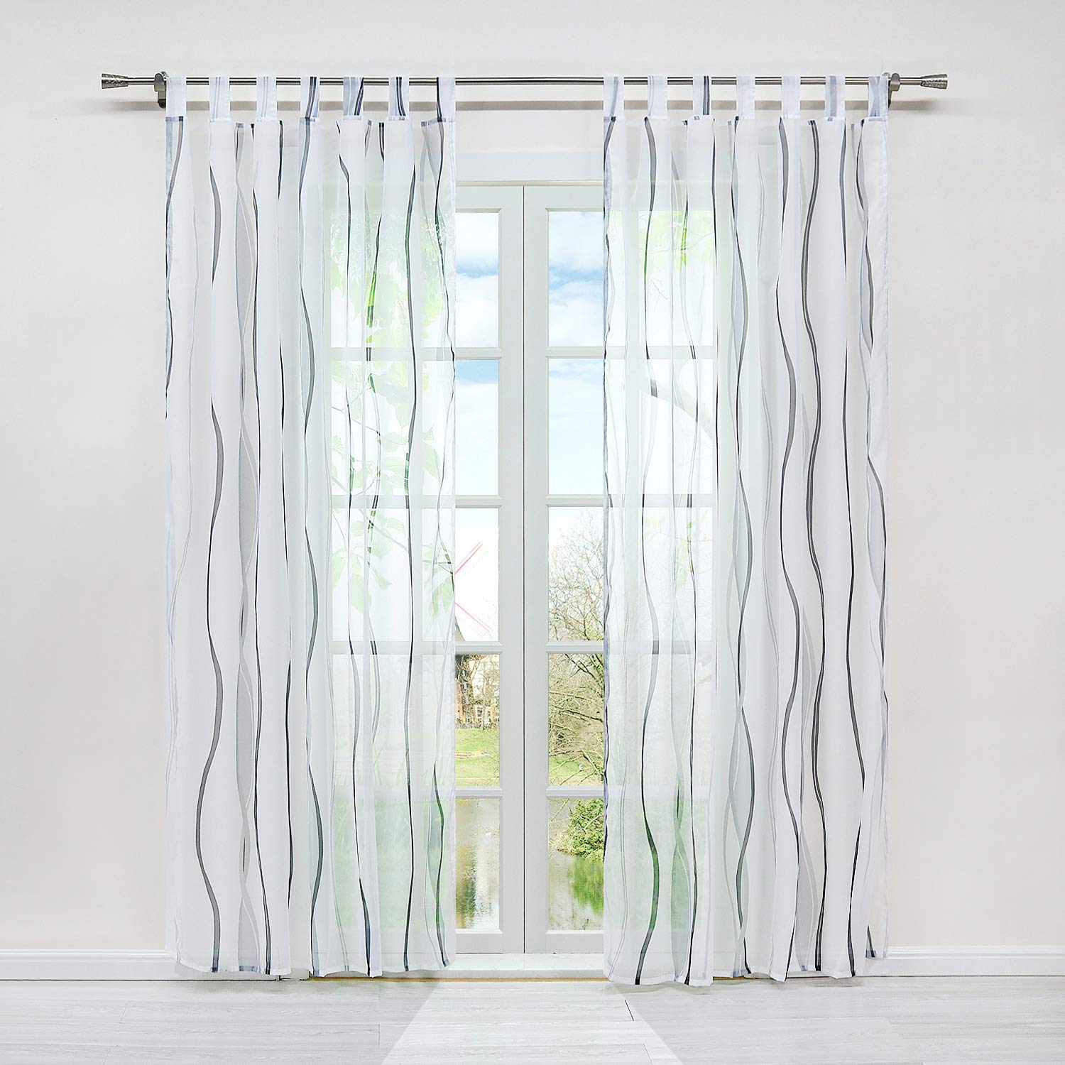 HongYa 1 Piece Transparent Net Curtain with Loops Waves Design Polyester Decoration for Bedroom Living Room Balcony White Silver HW 145/140 cm