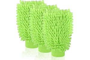 Mkobon 3 Pack Chenille Microfiber Car Wash Mitt, 7" x 9.6" Car Washing Mitts, Home Dusting Gloves, Scratch Free Lint-Free, Highly Absorbent, Double Sided, for Cleaning Detailing Polish (Green)