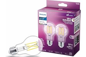 Philips Ultra Definition LED A19 E26 60W Bright White (3000K) Light Bulb, Dimmable Glass 2-Pack