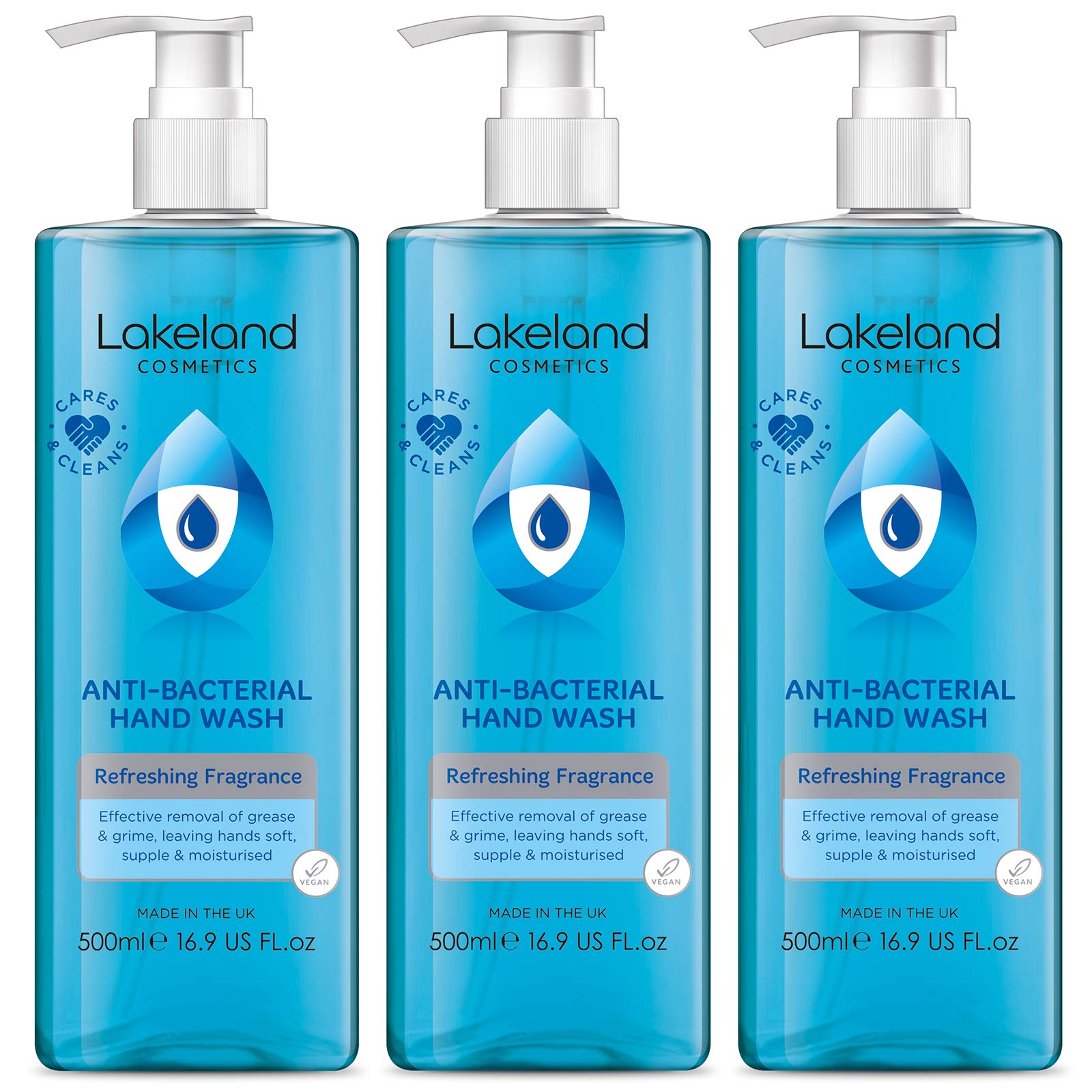 Lakeland Cosmetics antibacterial soap hand wash - 3x 500ml bottle with pump dispenser - Vegan fragranced anti-bacterial liquid soap hand wash, made in UK (3x 500ml)