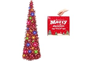 MACTING Pop Up Christmas Tree with 50 LED Lights 5FT Collapsible Easy-Assembly Coastal Glitter Tinsel Pencil Tree for Porch Apartment Corner Home Holiday Party Christmas Mothers Day Decor(Red)