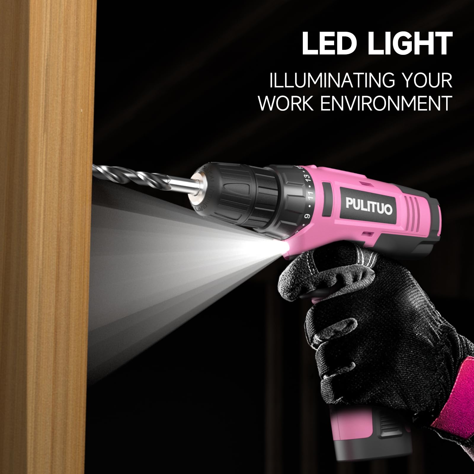 PULITUO 12V Pink Cordless Drill Set Power Drill Kit with Battery and Charger,electric drill home improvement,3/8-Inch Keyless Chuck,Built-in LED,21+1 Torque Setting small drill