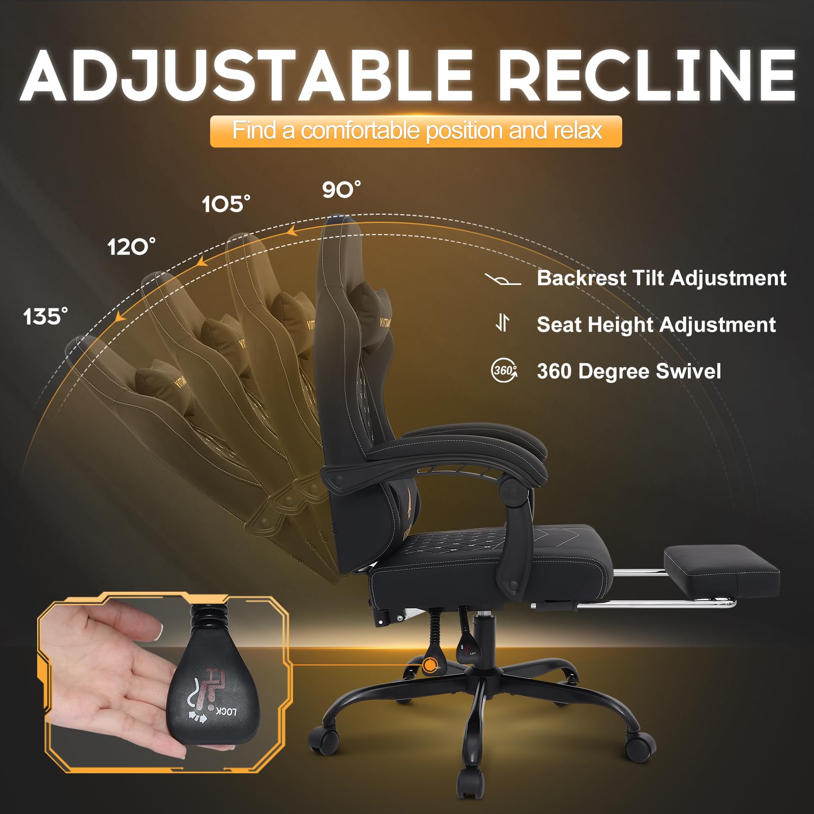 Vittanly Gaming Stuhl mit Frühling Kissen, Ergonomischer Gaming Chair Gamer Stuhl mit Kopfstütze, Lendenkissen und Fußstütze, Höhenverstellbarer Drehbarer Gaming Sessel Bürostuhl 150 kg, Schwarz 4