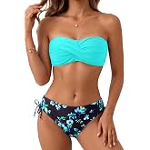 Tempt Me Women Strapless Bandeau Bikini Set Twist Front Two Piece Swimsuit | Detachable Shoulder Straps, Molded Cup Design, Anti-slip Strips, Side Tie Bikini Bottom, Low Rise Fit